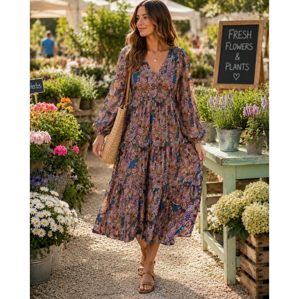 Mittoshop Paisley Maxi Dress Women M Tiered Boho Fall Earthy Whimsical Autumn